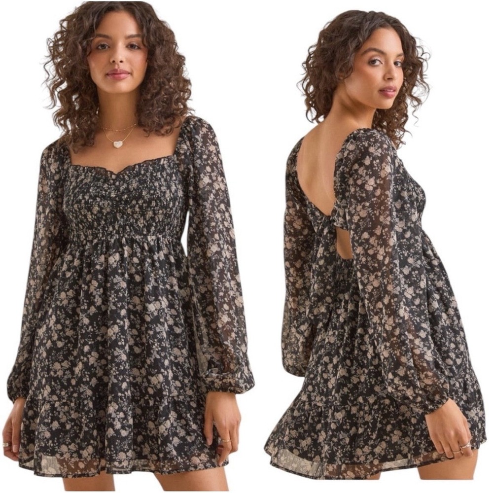 Altar'd State Floral Smocked Mini Dress Open Back Long Sleeve Size L Coquette